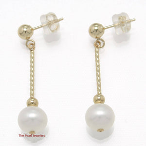 14K Yellow Gold Twist Tube Tin-Cup White Pearl Dangle Earrings