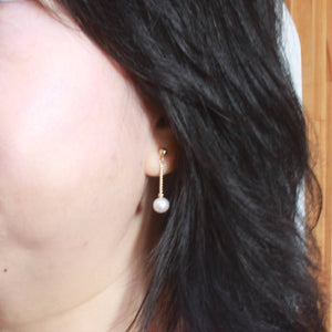 14K Yellow Gold Twist Tube Tin-Cup White Pearl Dangle Earrings