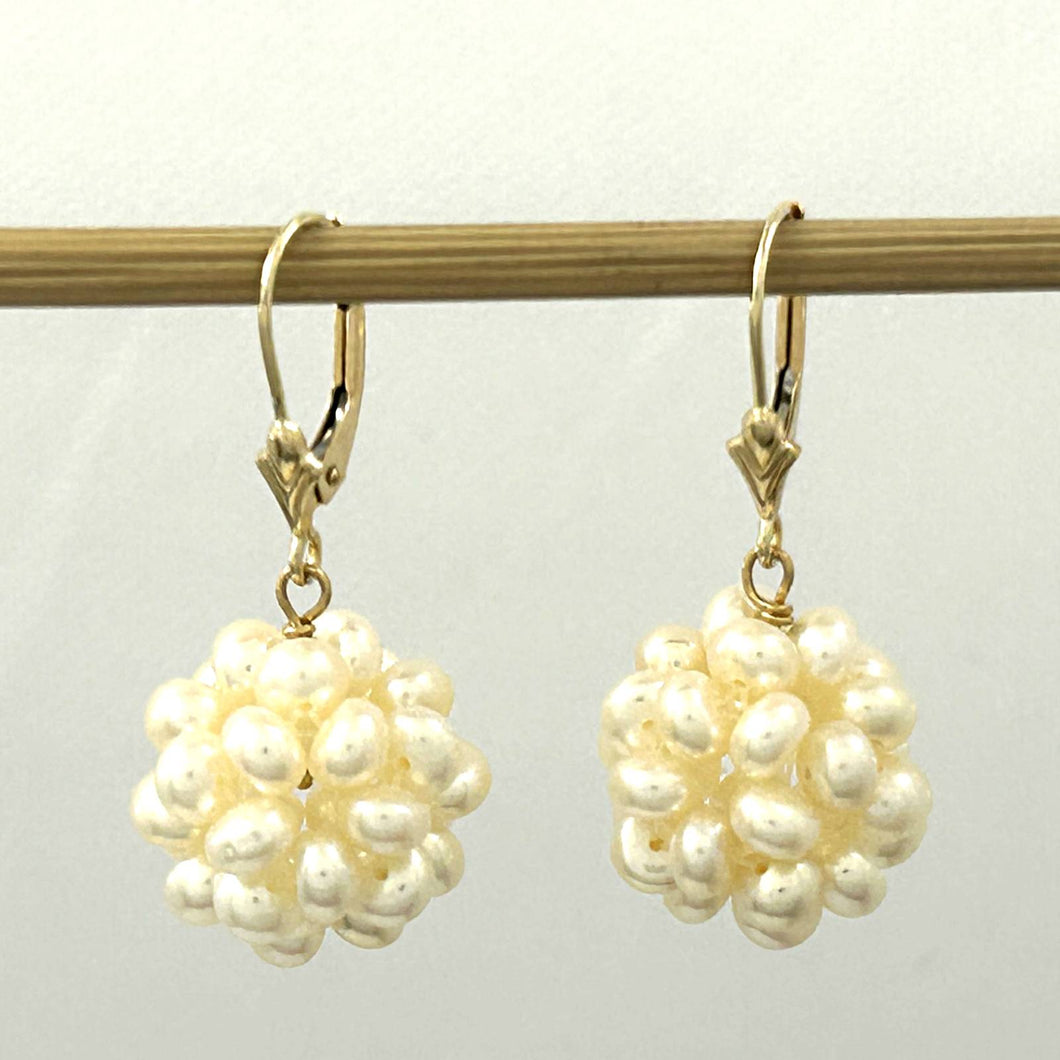 14K Yellow Gold White Pearl Ball Leverback Earrings (15mm)