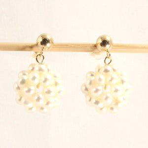 14K Yellow Gold White Pearl Ball Dangle Stud Earrings