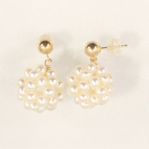 14K Yellow Gold White Pearl Ball Dangle Stud Earrings