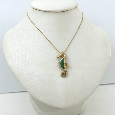 14k Yellow Solid Gold Seahorse Design Green Jade Pendant Necklace