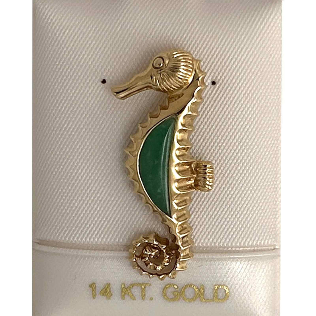 14k Yellow Solid Gold Seahorse Design Green Jade Pendant Necklace