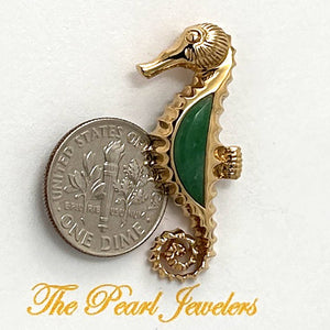 14k Yellow Solid Gold Seahorse Design Green Jade Pendant Necklace
