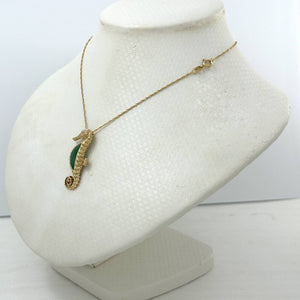 14k Yellow Solid Gold Seahorse Design Green Jade Pendant Necklace