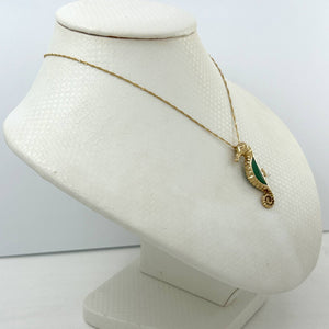 14k Yellow Solid Gold Seahorse Design Green Jade Pendant Necklace