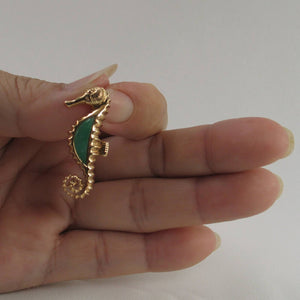 14k Yellow Solid Gold Seahorse Design Green Jade Pendant Necklace