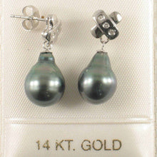 Load image into Gallery viewer, 14k White Gold Diamond &amp; Peacock Tahitian Pearl Dangle Earrings