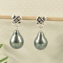 Load image into Gallery viewer, 14k White Gold Diamond &amp; Peacock Tahitian Pearl Dangle Earrings