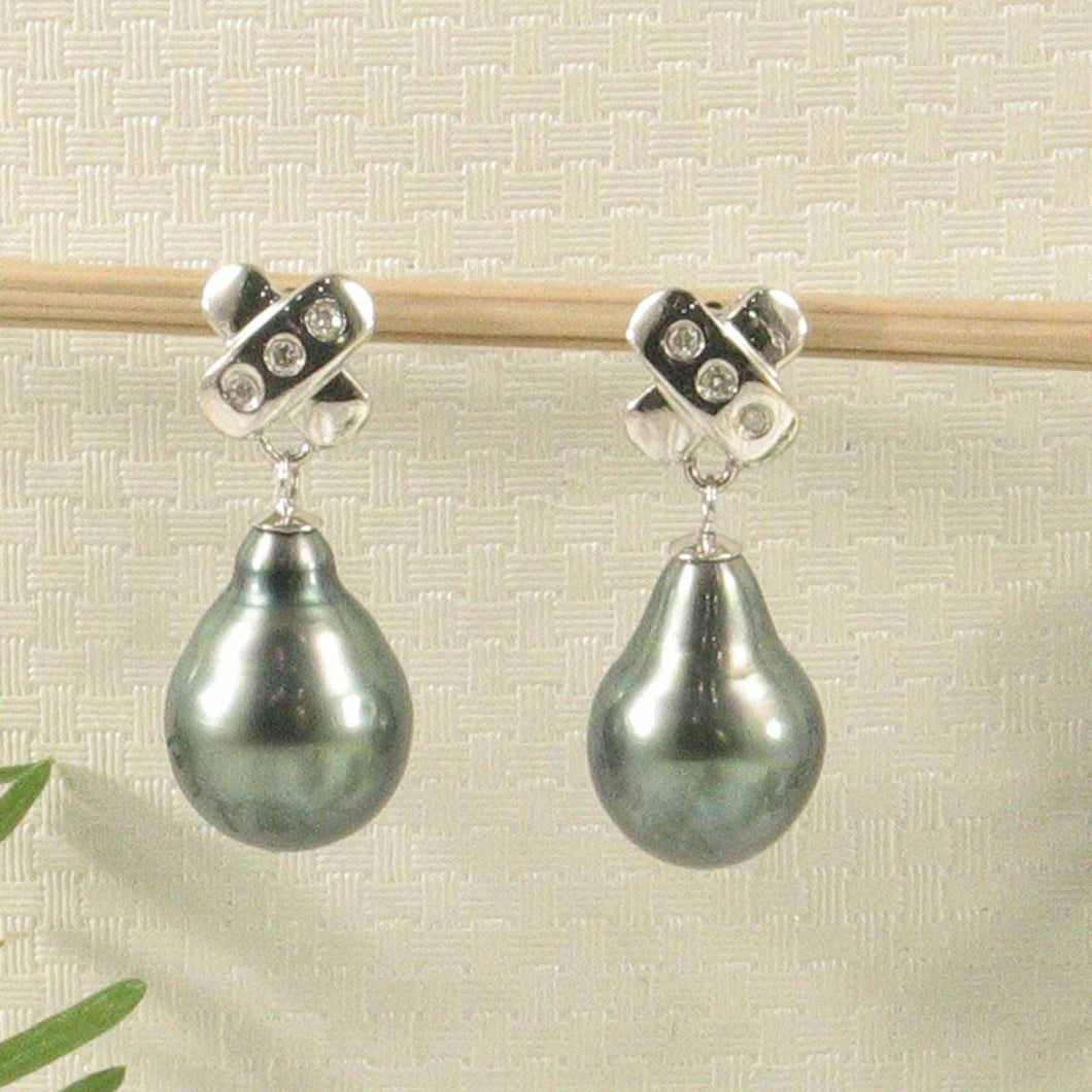 14k White Gold Diamond & Peacock Tahitian Pearl Dangle Earrings