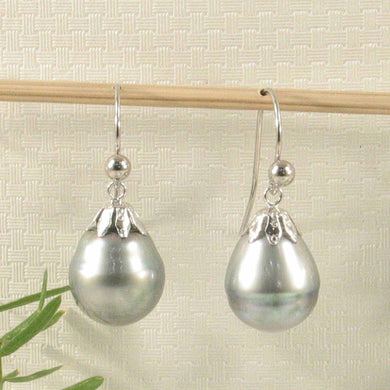 14k White Gold Fish Hook Flower Cap Tahitian Pearl Dangle Earrings