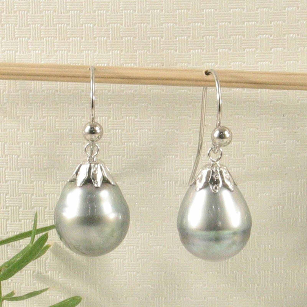 14k White Gold Fish Hook Flower Cap Tahitian Pearl Dangle Earrings