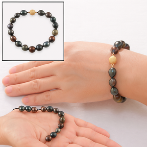 14k Yellow Gold Clasp Hand-Knotted Black Tahitian Pearl Bracelet 8”