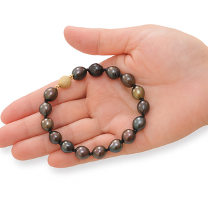 14k Yellow Gold Clasp Hand-Knotted Black Tahitian Pearl Bracelet 8”
