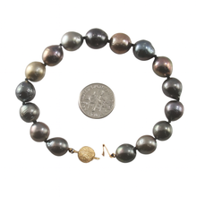 Load image into Gallery viewer, 14k Yellow Gold Clasp Hand-Knotted Black Tahitian Pearl Bracelet 8”
