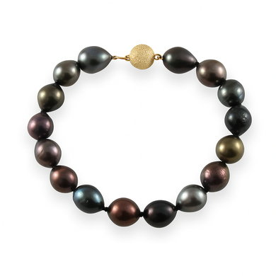 14k Yellow Gold Clasp Hand-Knotted Black Tahitian Pearl Bracelet 8”