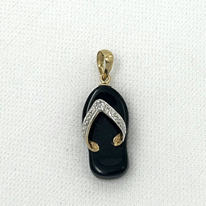 14k Solid Yellow Gold Diamond Flip-Flop Slipper Black Onyx Pendant Necklace