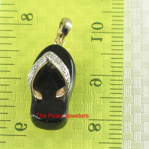14k Solid Yellow Gold Diamond Flip-Flop Slipper Black Onyx Pendant Necklace