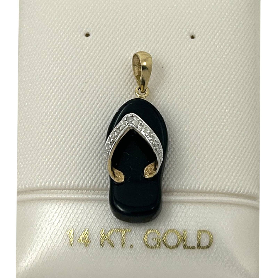 14k Solid Yellow Gold Diamond Flip-Flop Slipper Black Onyx Pendant Necklace