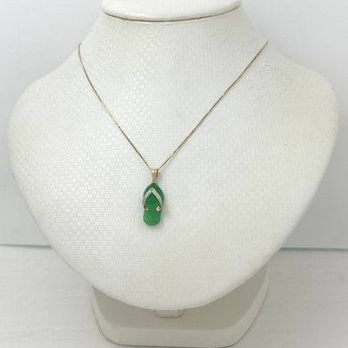 14k Solid Yellow Gold Diamond Flip-Flop Slipper Green Jade Pendant Necklace