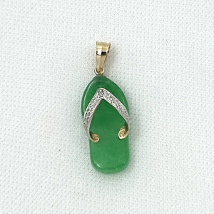14k Solid Yellow Gold Diamond Flip-Flop Slipper Green Jade Pendant Necklace