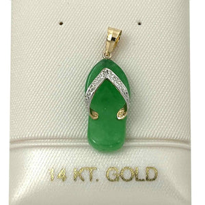 14k Solid Yellow Gold Diamond Flip-Flop Slipper Green Jade Pendant Necklace