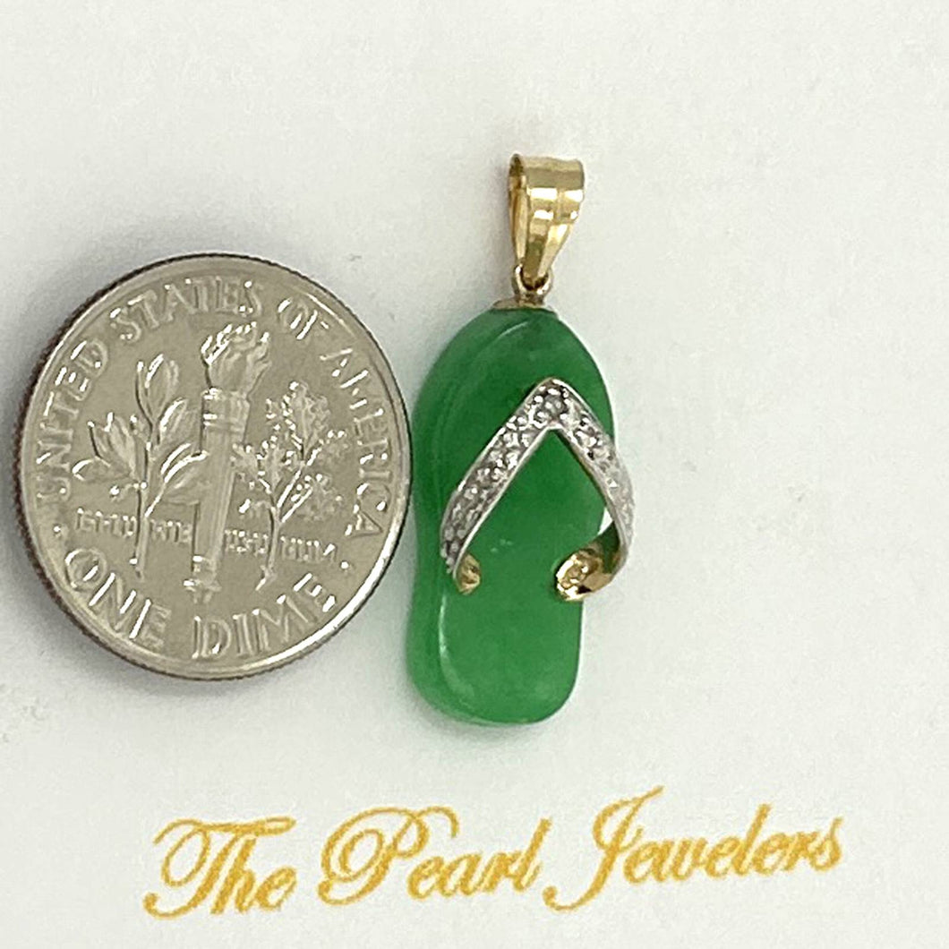 14k Solid Yellow Gold Diamond Flip-Flop Slipper Green Jade Pendant Necklace