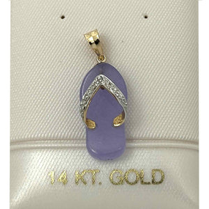 14k Solid Yellow Gold Diamond Flip-Flop Slipper Lavender Jade Pendant Necklace