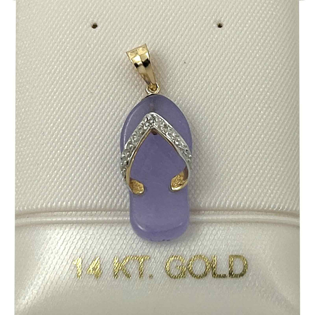 14k Solid Yellow Gold Diamond Flip-Flop Slipper Lavender Jade Pendant Necklace