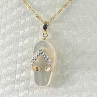 14k Yellow Gold Diamond Flip-Flop Slipper White Mother of Pearl Pendant Necklace