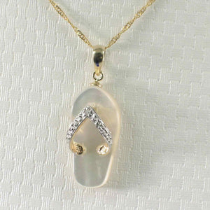 14k Yellow Gold Diamond Flip-Flop Slipper White Mother of Pearl Pendant Necklace