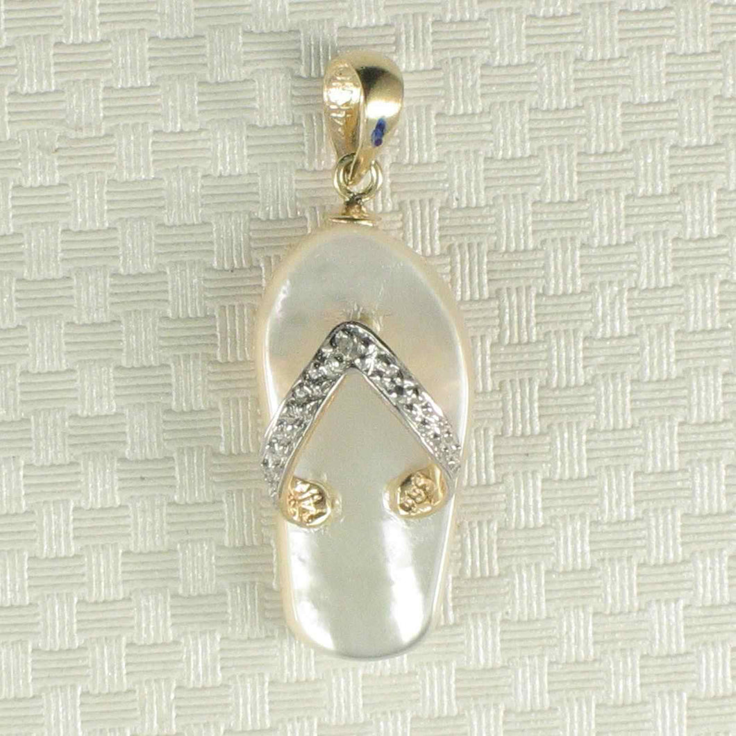 14k Yellow Gold Diamond Flip-Flop Slipper White Mother of Pearl Pendant Necklace
