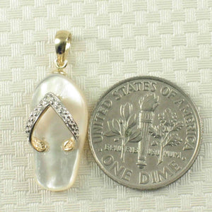 14k Yellow Gold Diamond Flip-Flop Slipper White Mother of Pearl Pendant Necklace