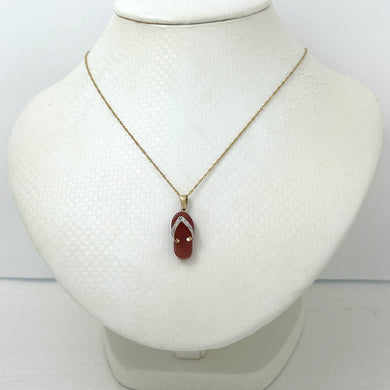 14k Solid Yellow Gold Diamond Flip-Flop Slipper Red Jade Pendant Necklace