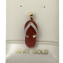 Load image into Gallery viewer, 14k Solid Yellow Gold Diamond Flip-Flop Slipper Red Jade Pendant Necklace