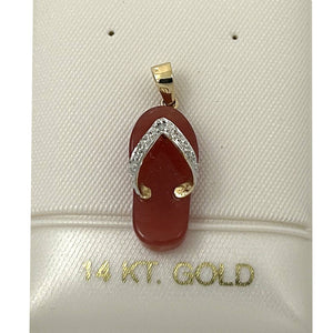 14k Solid Yellow Gold Diamond Flip-Flop Slipper Red Jade Pendant Necklace