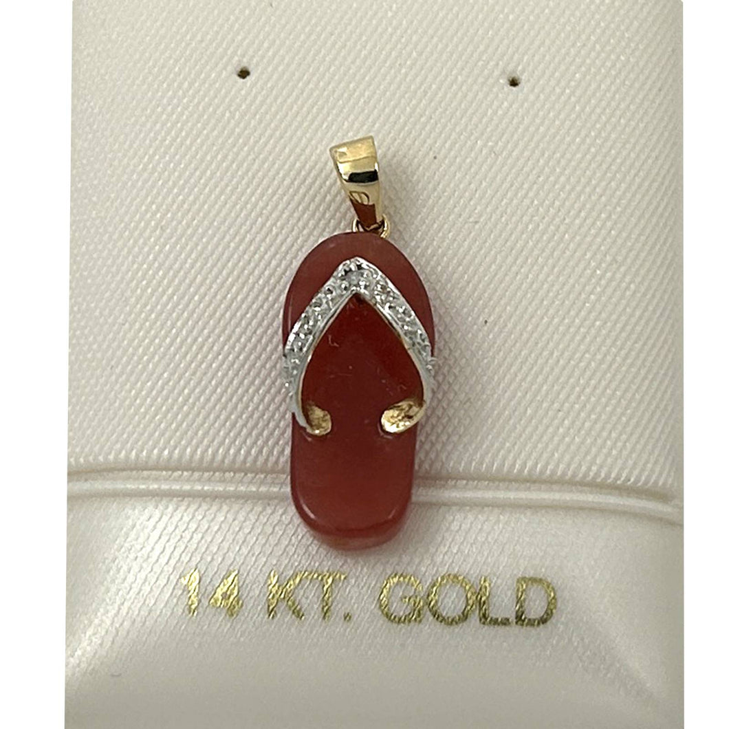 14k Solid Yellow Gold Diamond Flip-Flop Slipper Red Jade Pendant Necklace