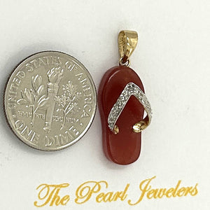 14k Solid Yellow Gold Diamond Flip-Flop Slipper Red Jade Pendant Necklace