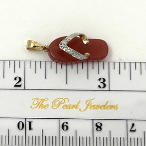 14k Solid Yellow Gold Diamond Flip-Flop Slipper Red Jade Pendant Necklace
