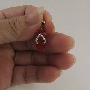 14k Solid Yellow Gold Diamond Flip-Flop Slipper Red Jade Pendant Necklace