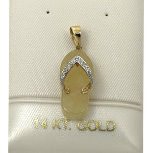 14k Solid Yellow Gold Diamond Flip-Flop Slipper Yellow Jade Pendant Necklace