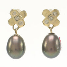 Load image into Gallery viewer, 14k Yellow Gold X-Design Diamond &amp; Black Cultured Pearl Dangle Stud Earrings