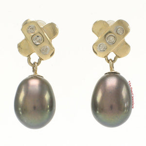 14k Yellow Gold X-Design Diamond & Black Cultured Pearl Dangle Stud Earrings