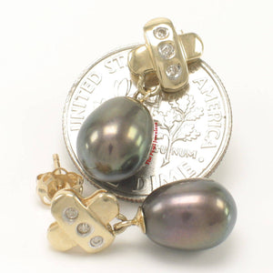 14k Yellow Gold X-Design Diamond & Black Cultured Pearl Dangle Stud Earrings