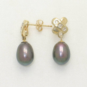 14k Yellow Gold X-Design Diamond & Black Cultured Pearl Dangle Stud Earrings