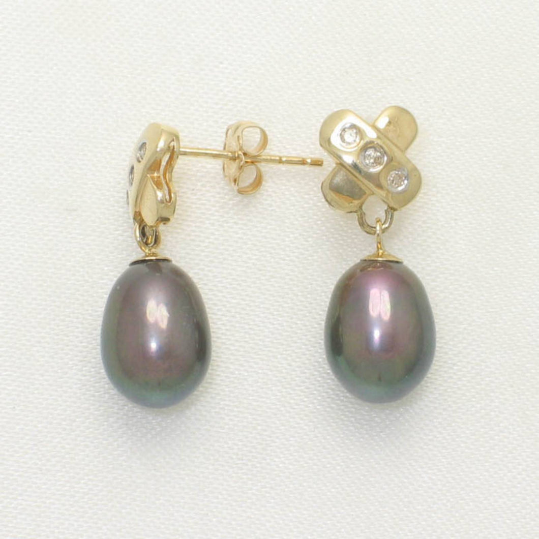 14k Yellow Gold X-Design Diamond & Black Cultured Pearl Dangle Stud Earrings