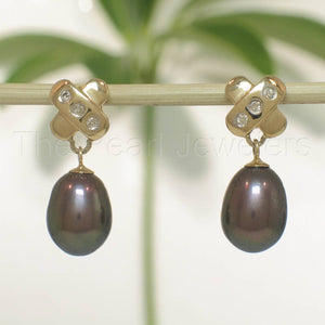 14k Yellow Gold X-Design Diamond & Black Cultured Pearl Dangle Stud Earrings