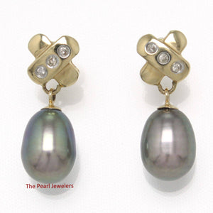 14k Yellow Gold X-Design Diamond & Black Cultured Pearl Dangle Stud Earrings