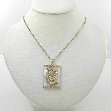 14k Solid Yellow Gold Hand Crafted Dragon White Mother of Pearl Pendant