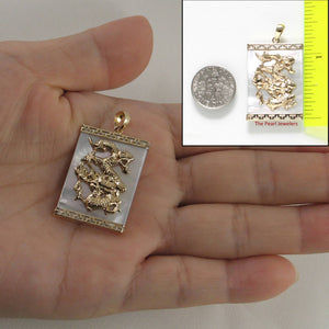 14k Solid Yellow Gold Hand Crafted Dragon White Mother of Pearl Pendant